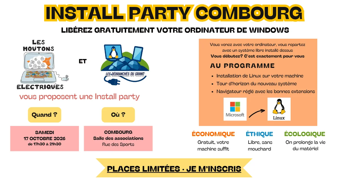 Install party Combourg, samedi 17 octobre 2026 de 17h30 à 21h30, salle des associations, rue des Sports, par Les Moutons Électriques et Les Débranchés du Granit. Places limitées, sur inscription.
